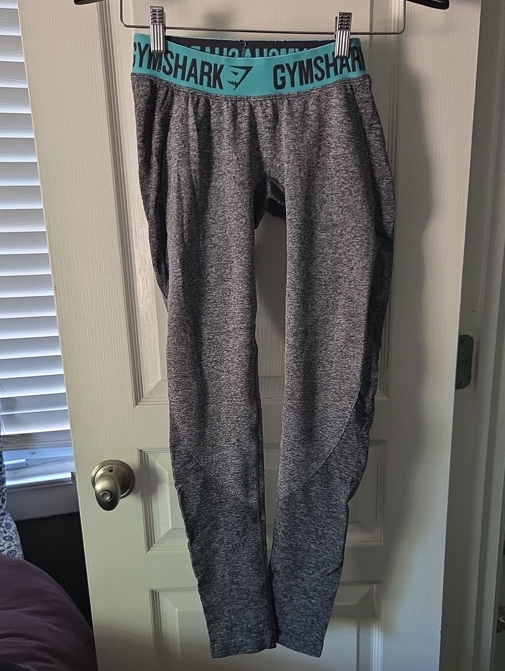 Gymshark Gray Leggings with Teal Logo Waistband